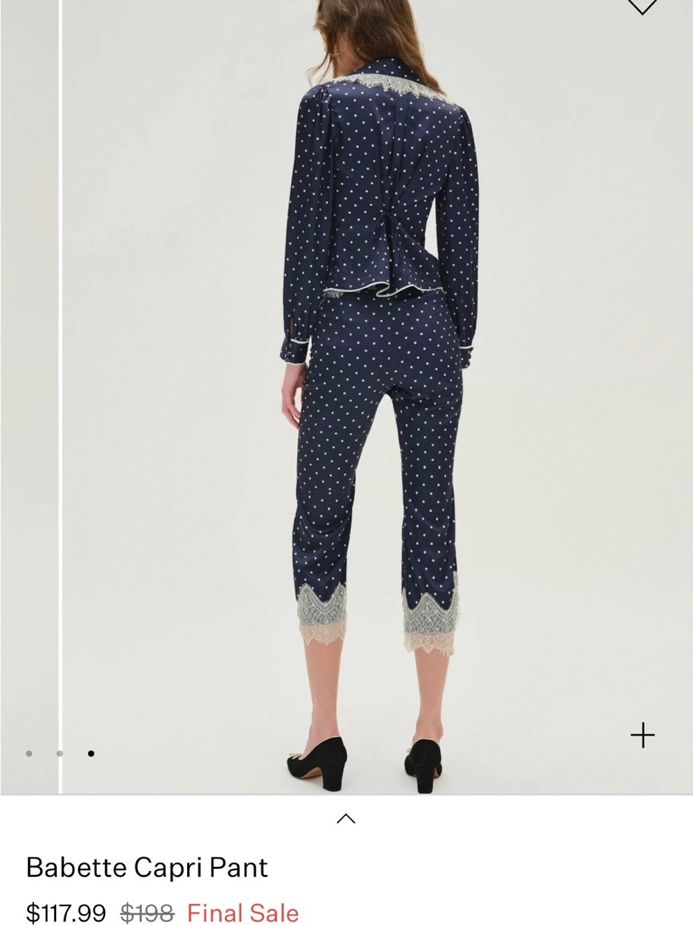 For Love & Lemons Navy Polka Dot Blouse with Cream Lace Trim - Picture 2 of 8